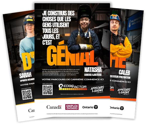 Career posters featuring Natasha, a welder-fitter, smiling in protective gear, with the quote 'I build things people use every day, and it's awesome' in French.