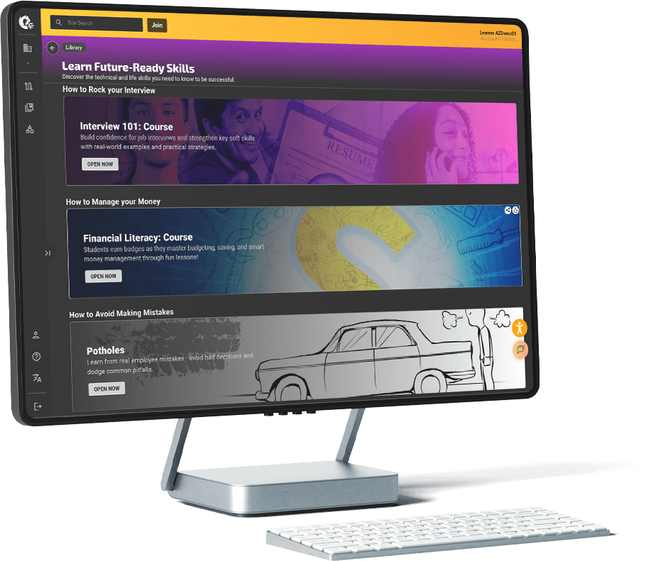 Computer monitor showing Edge Factor's learning platform with courses on future-ready skills including interview confidence, financial literacy, and avoiding mistakes illustrated by a vintage car drawing.