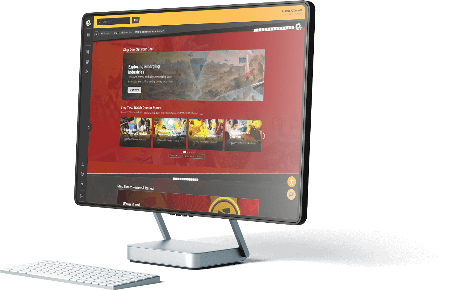 Modern desktop computer displaying Edge Factor's career exploration website with sections on setting goals, watching industry overviews, and reviewing progress.