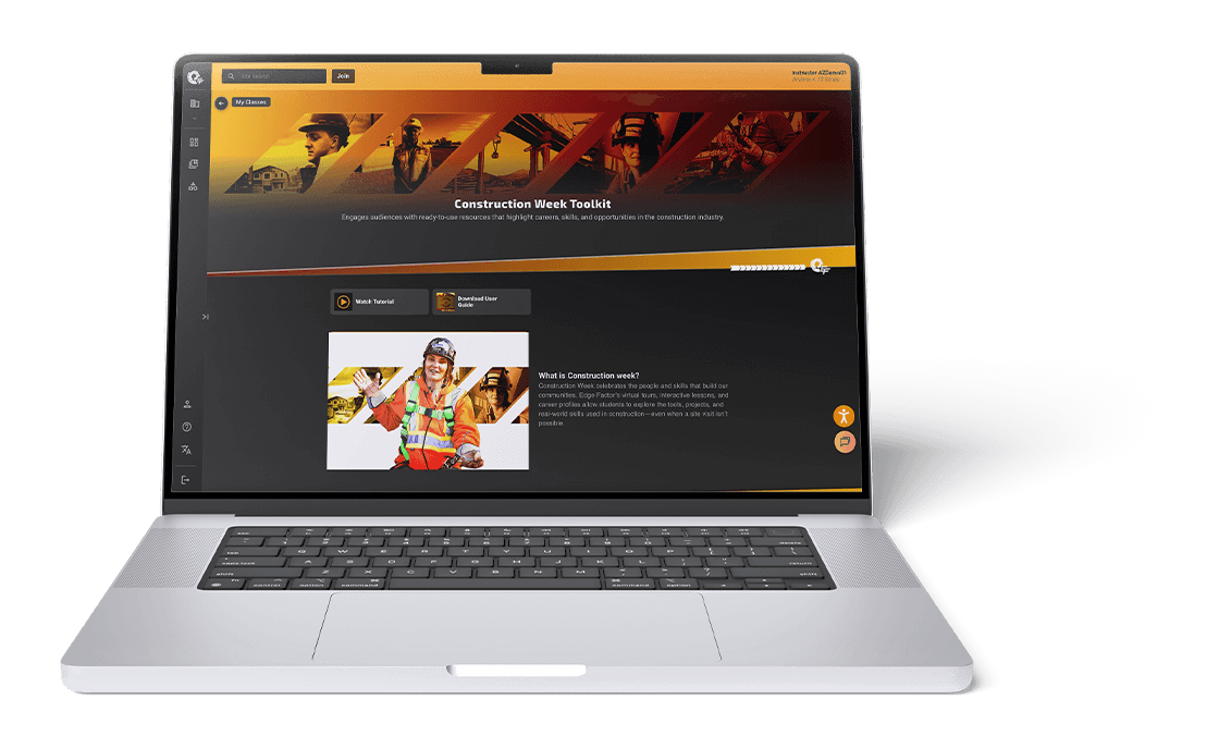 Laptop screen displaying Construction Week Toolkit webpage on Edge Factor with an image of a woman in construction gear and description of construction skills and careers.