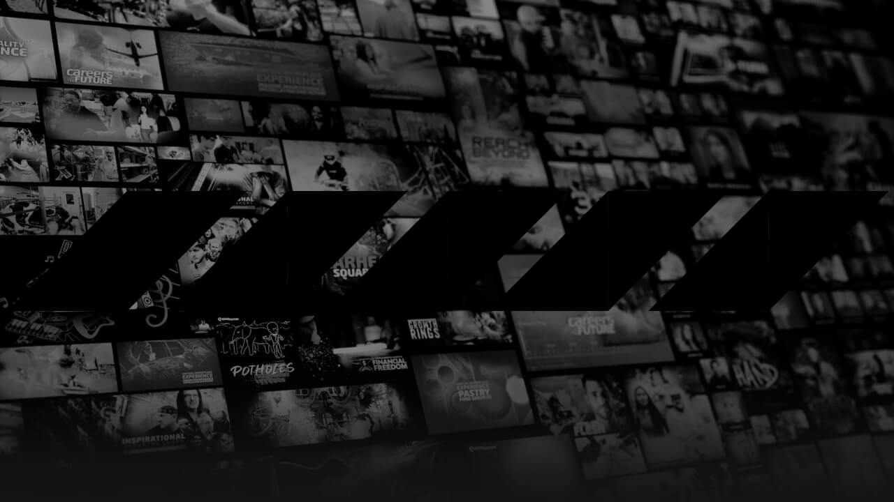 Dark overlay with large bold chevron shapes against a blurred collage of various images and text panels representing Edge Factor series..