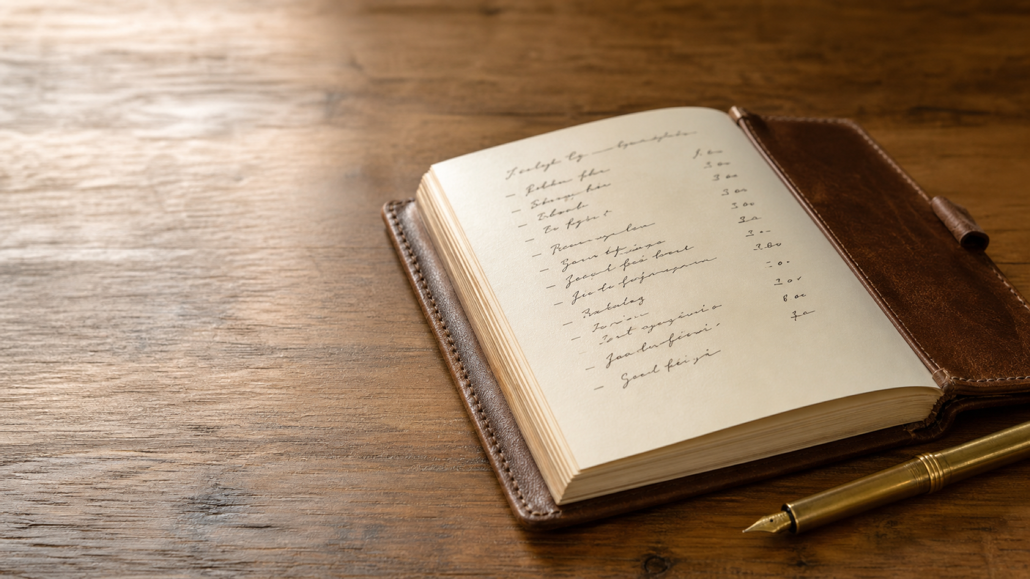 A leather-bound notebook open to a handwritten inventory list, illustrating the credential-and-access inventory a dental practice owner should compile before any personnel transition.