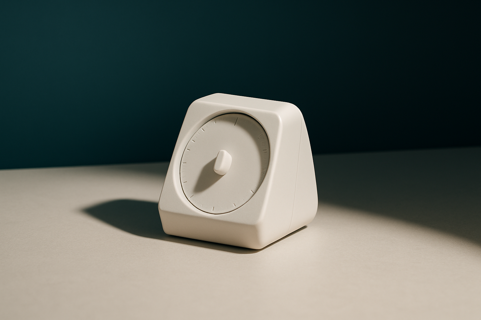 A compact matte-white kitchen timer resting on a bare surface against a saturated deep petrol teal background.