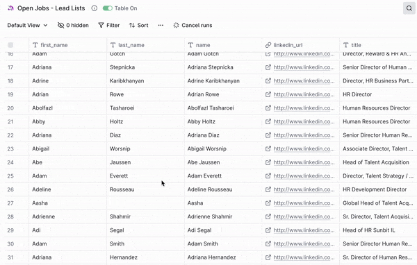 Table view of open job leads listing first and last names, full names, LinkedIn URLs, and job titles including HR and talent acquisition roles.