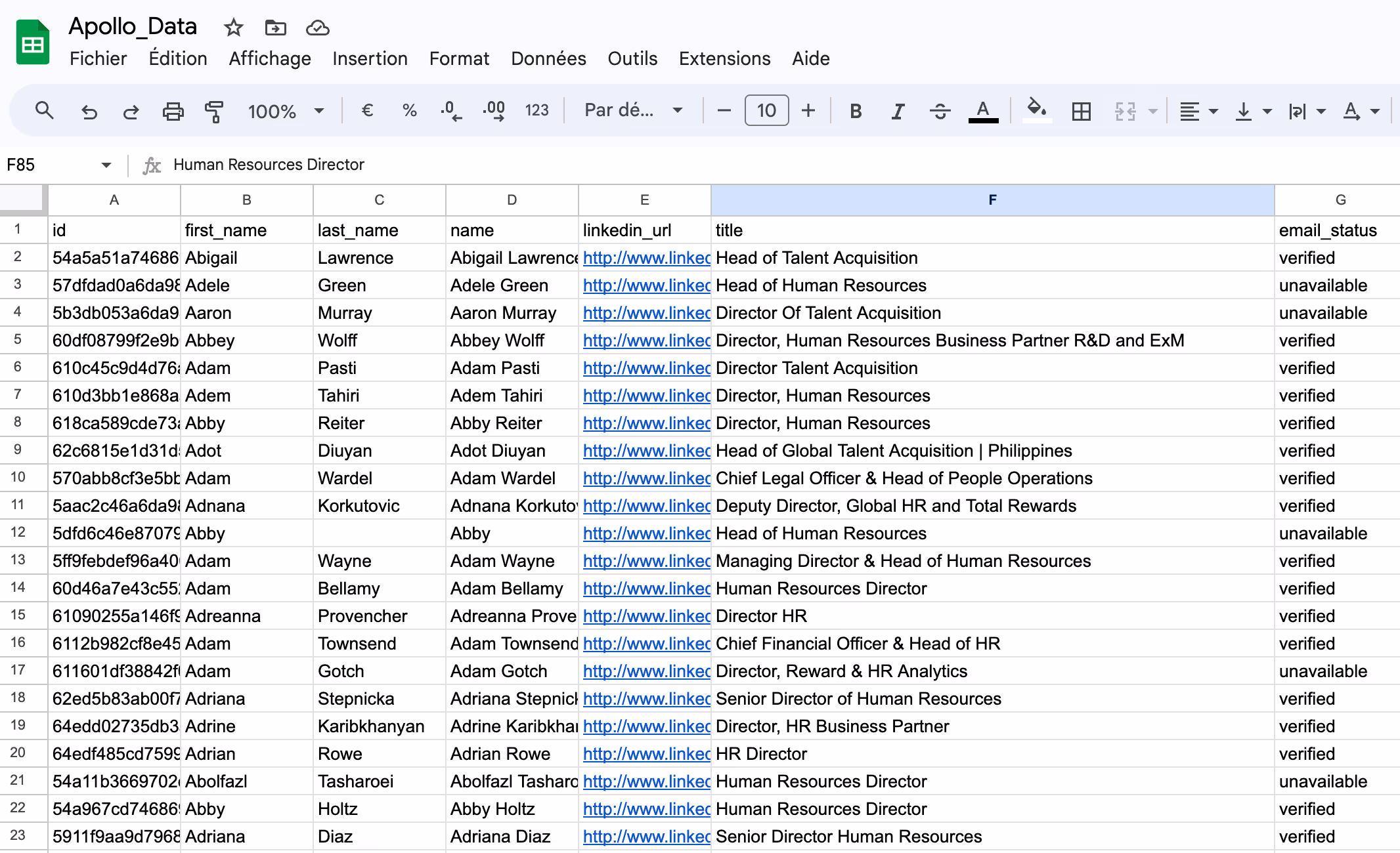 Spreadsheet named Apollo_Data showing columns for id, first name, last name, full name, LinkedIn URL, job title, and email status with listed human resources-related job titles.