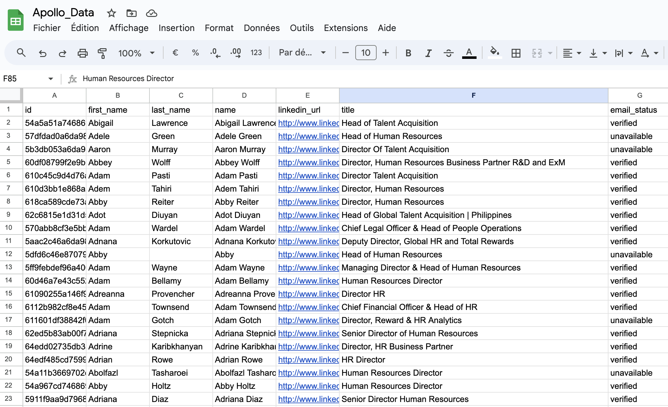 Spreadsheet named Apollo_Data showing columns for id, first name, last name, full name, LinkedIn URL, job title, and email status with listed human resources-related job titles.