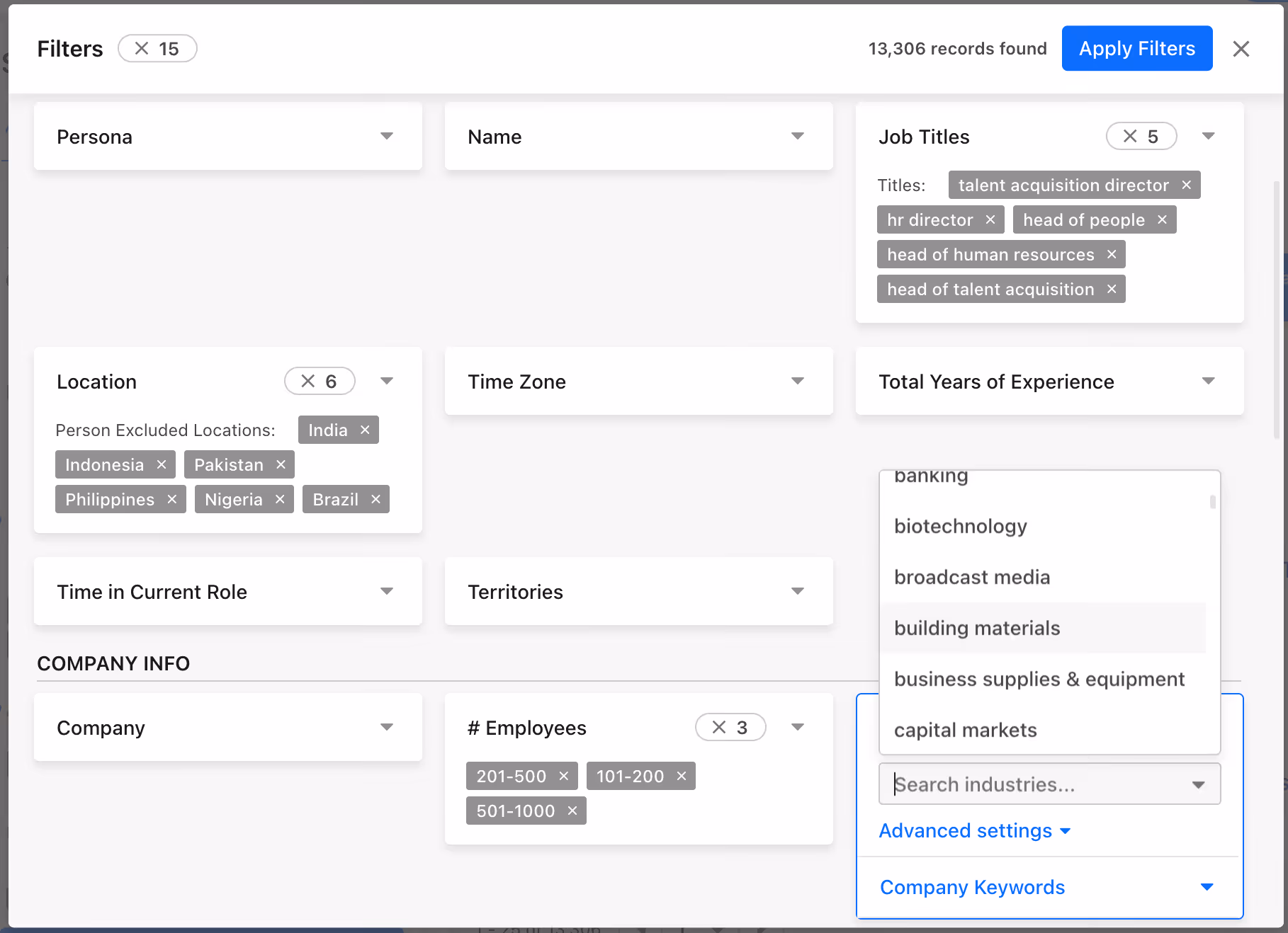 Filter panel showing job titles selected including talent acquisition director and HR director, excluded locations such as India and Brazil, employee ranges 101-200 to 501-1000, and a dropdown for selecting industries like building materials.