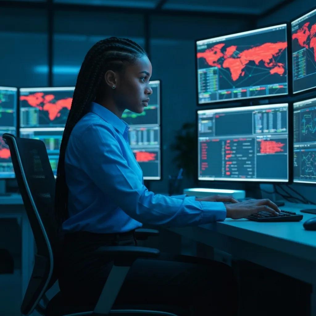 A cybersecurity professional monitoring security alerts in a high-tech control room