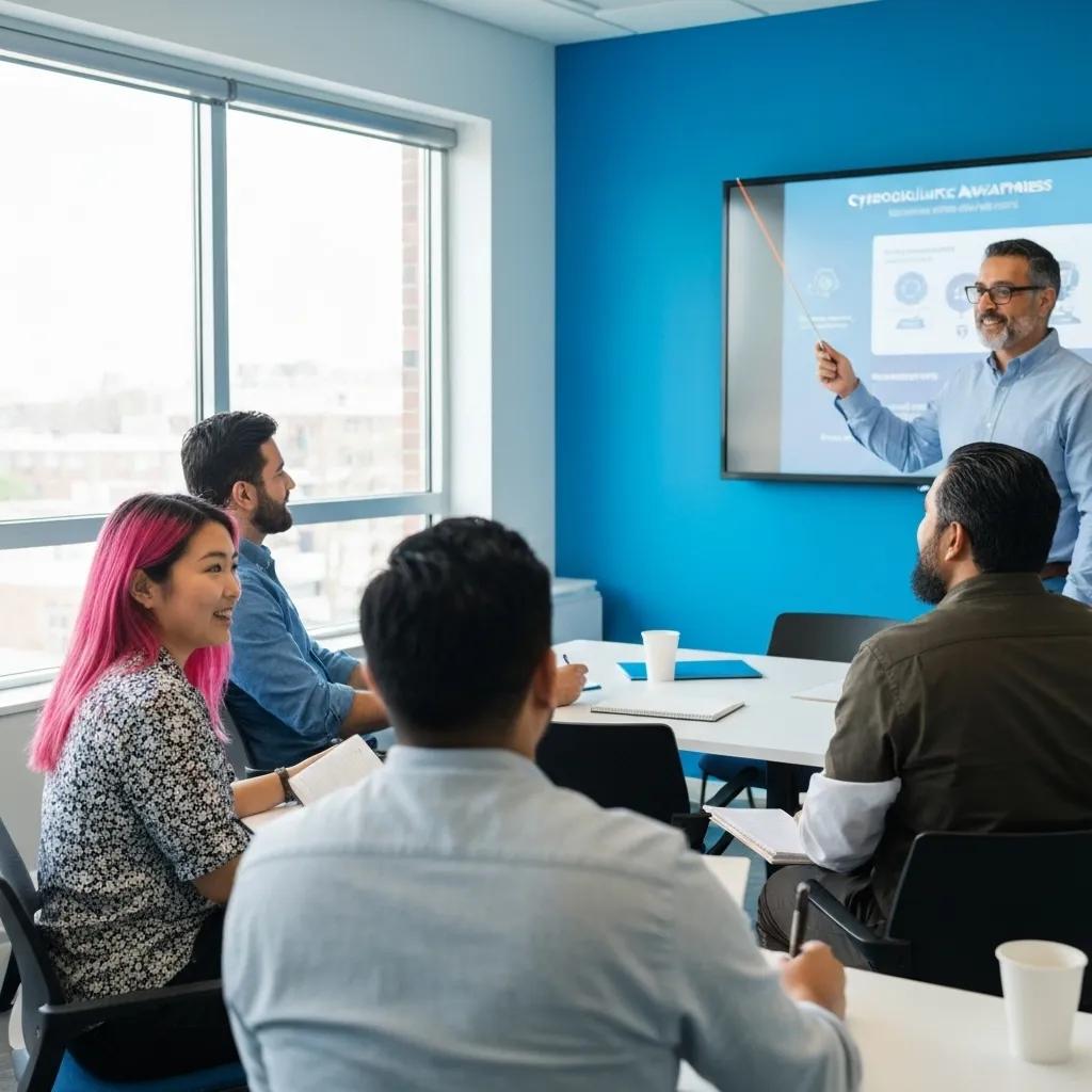 Employees actively participating in a cybersecurity awareness training session in a modern conference room