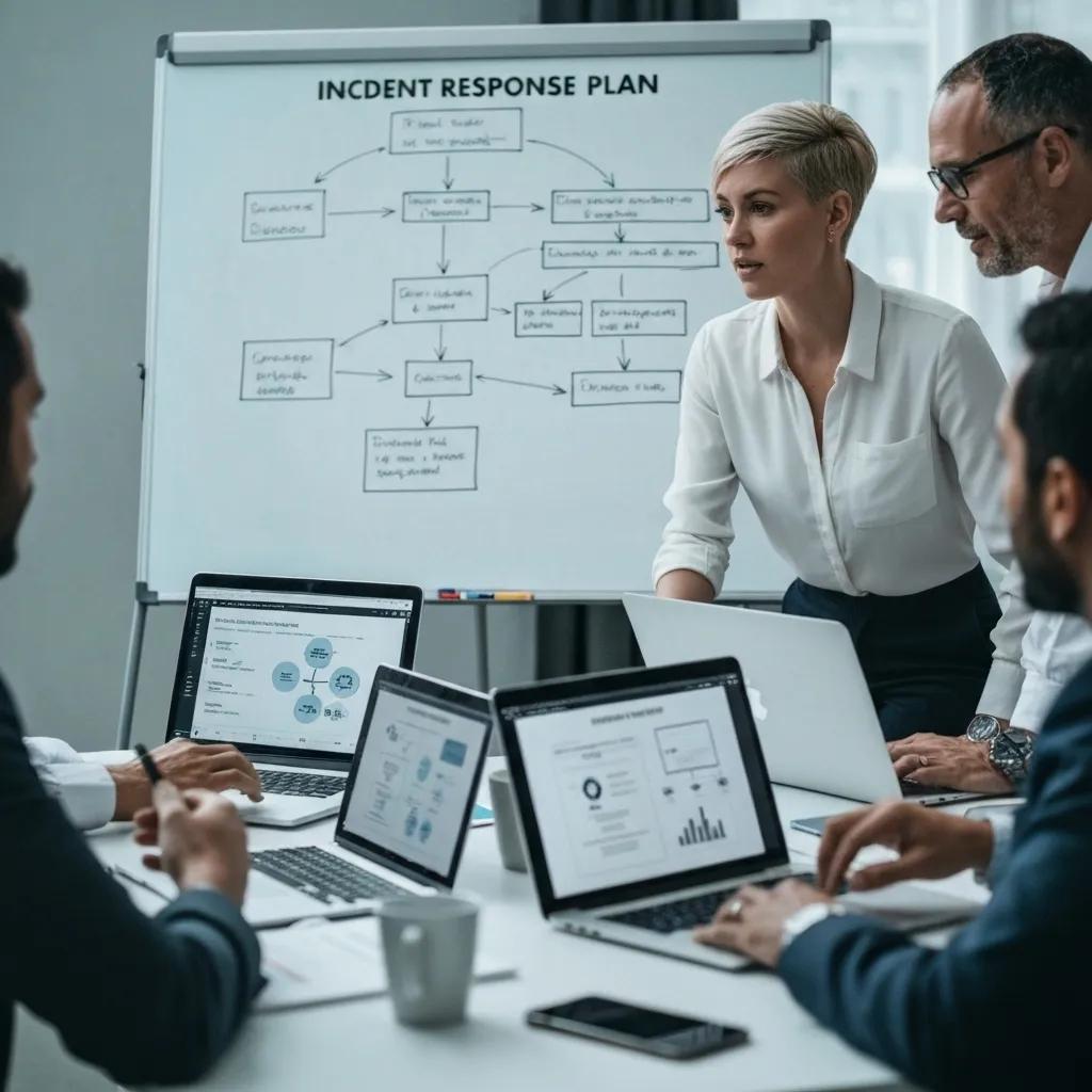 Small business team collaboratively developing an incident response plan using flowcharts and laptops