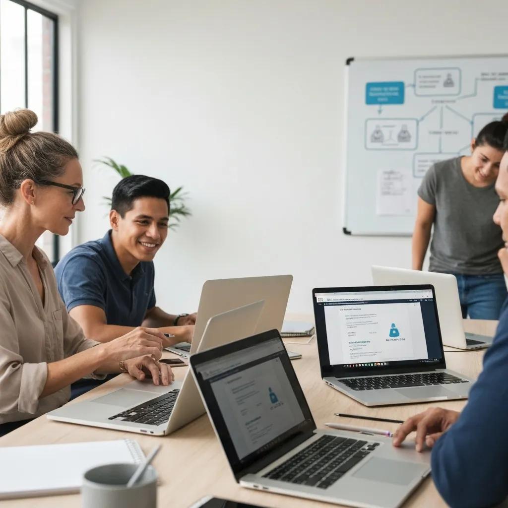 Small business team collaborating on managed IT cybersecurity solutions in a modern office setting