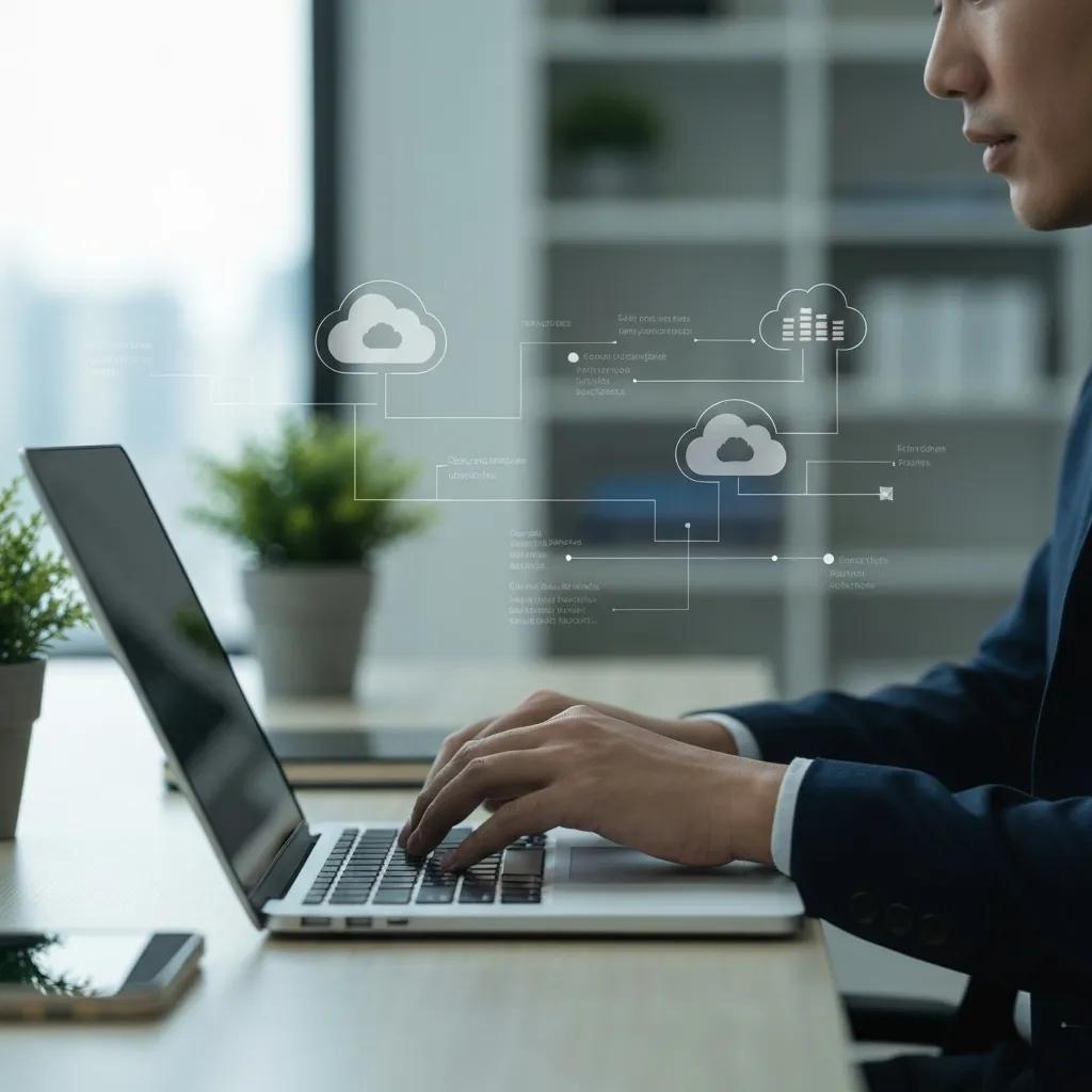 Modern office setting with a professional interacting with cloud storage solutions, illustrating the comparison between cloud and traditional storage options
