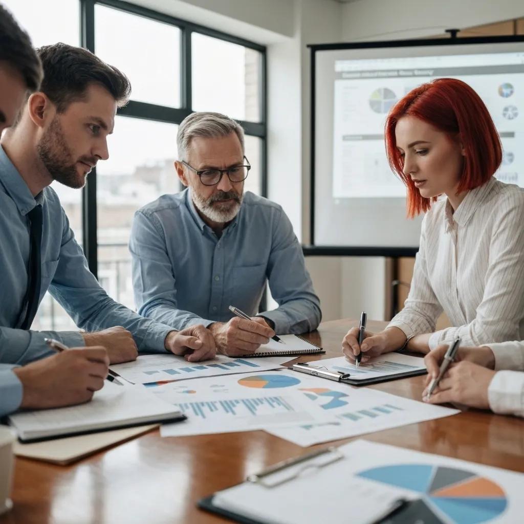 A team diligently planning disaster recovery strategies, utilizing documents and charts in a meeting room setting
