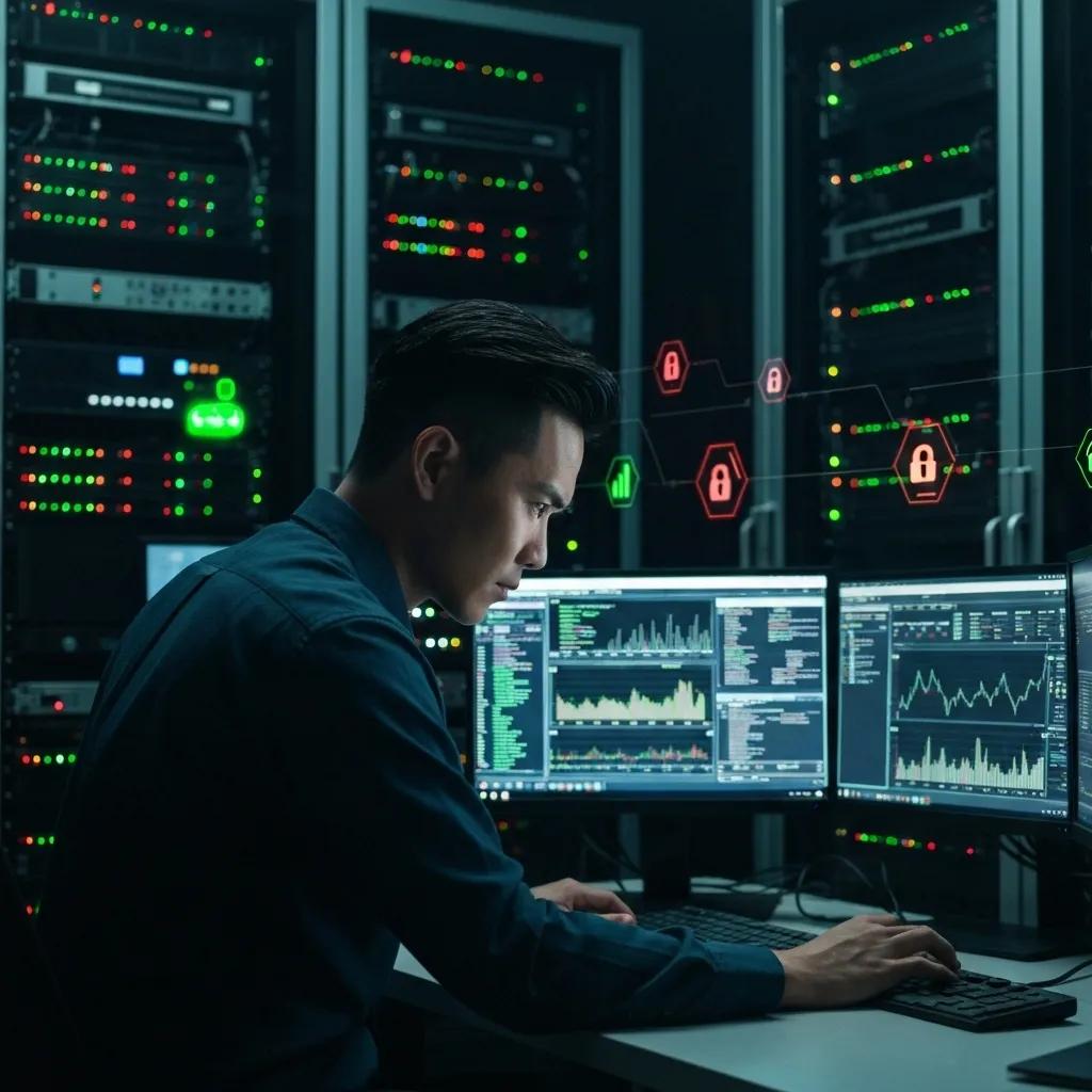 Cybersecurity professional monitoring threats in a high-tech environment, emphasizing data protection