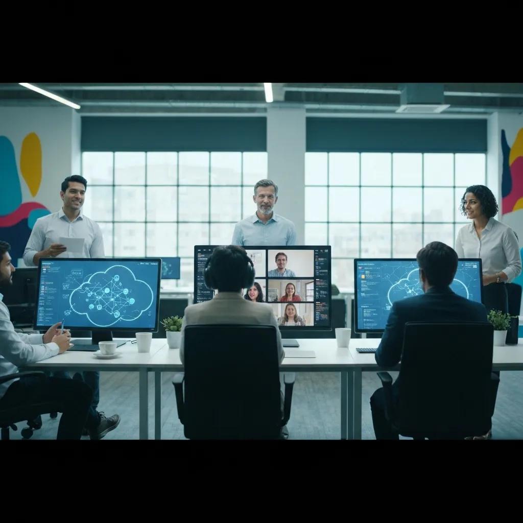 Team collaborating via video conference, highlighting the advantages of cloud services for small businesses