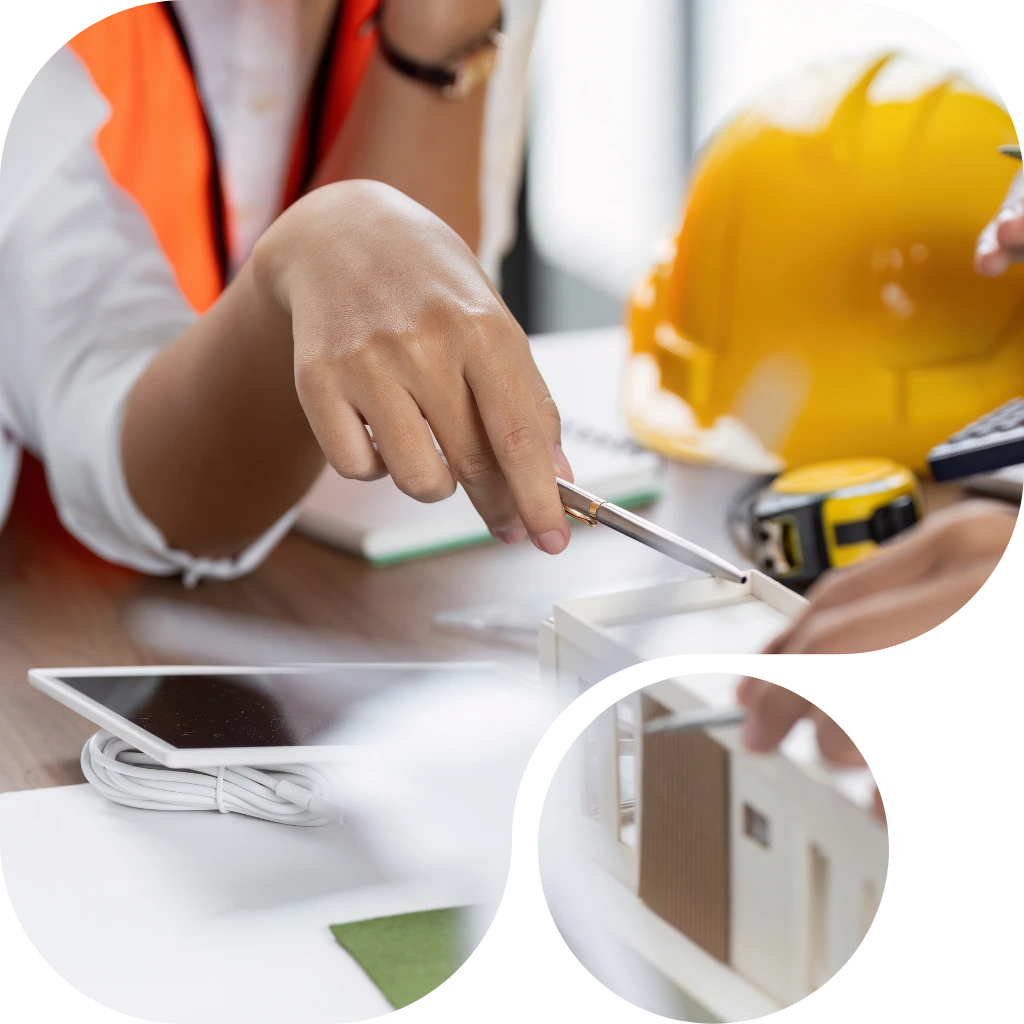 Construction worker in safety vest using tablet with hard hat and tools - IT support designed for job sites and mobile trades