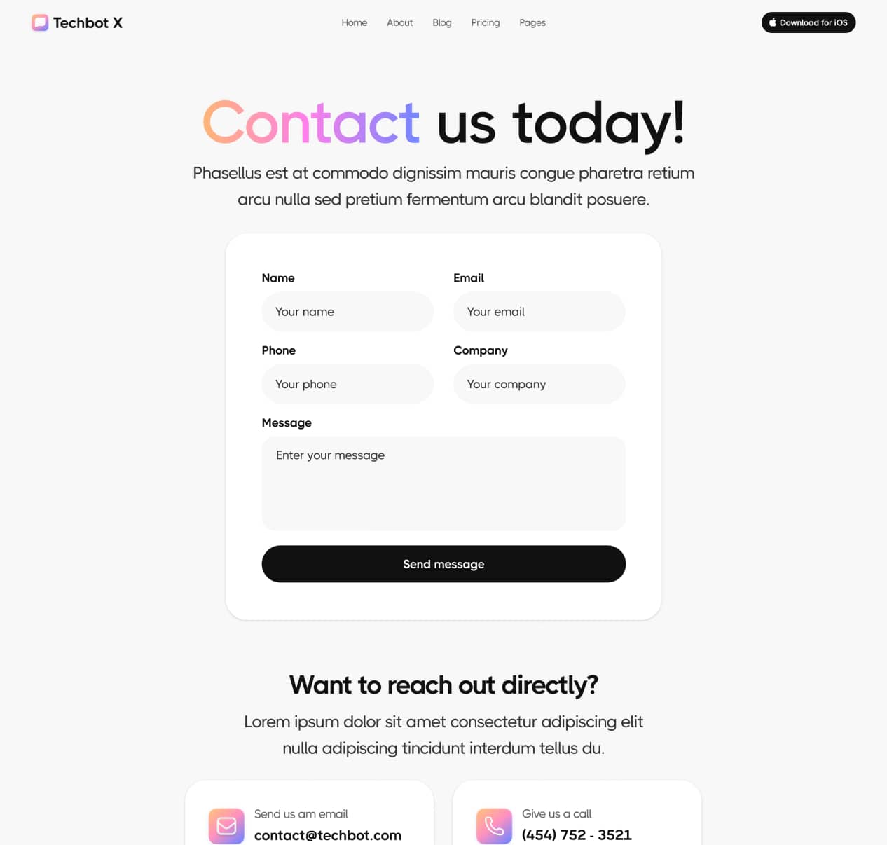 Techbot X - Contact V3 Page - AI App Webflow Template