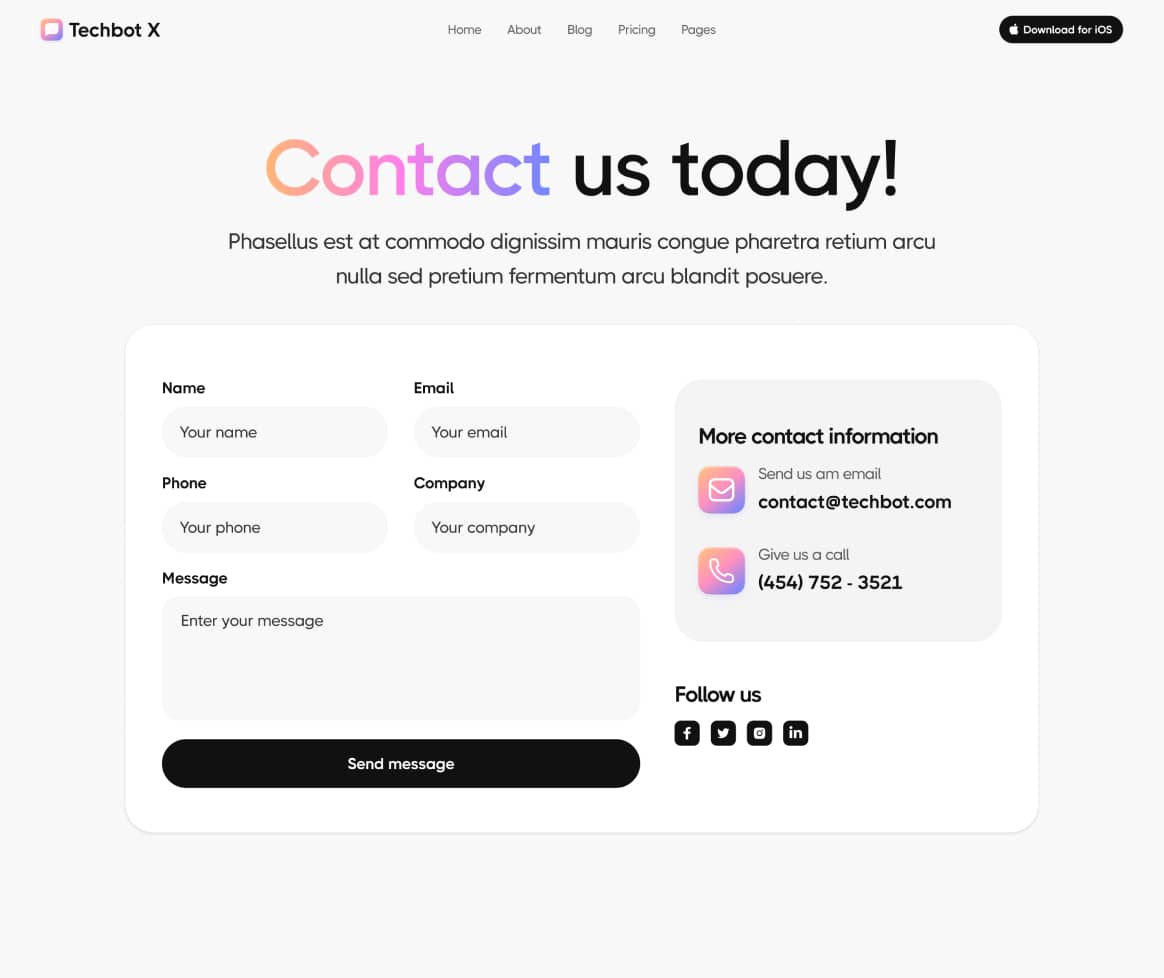 Techbot X - Contact V2 Page - AI App Webflow Template
