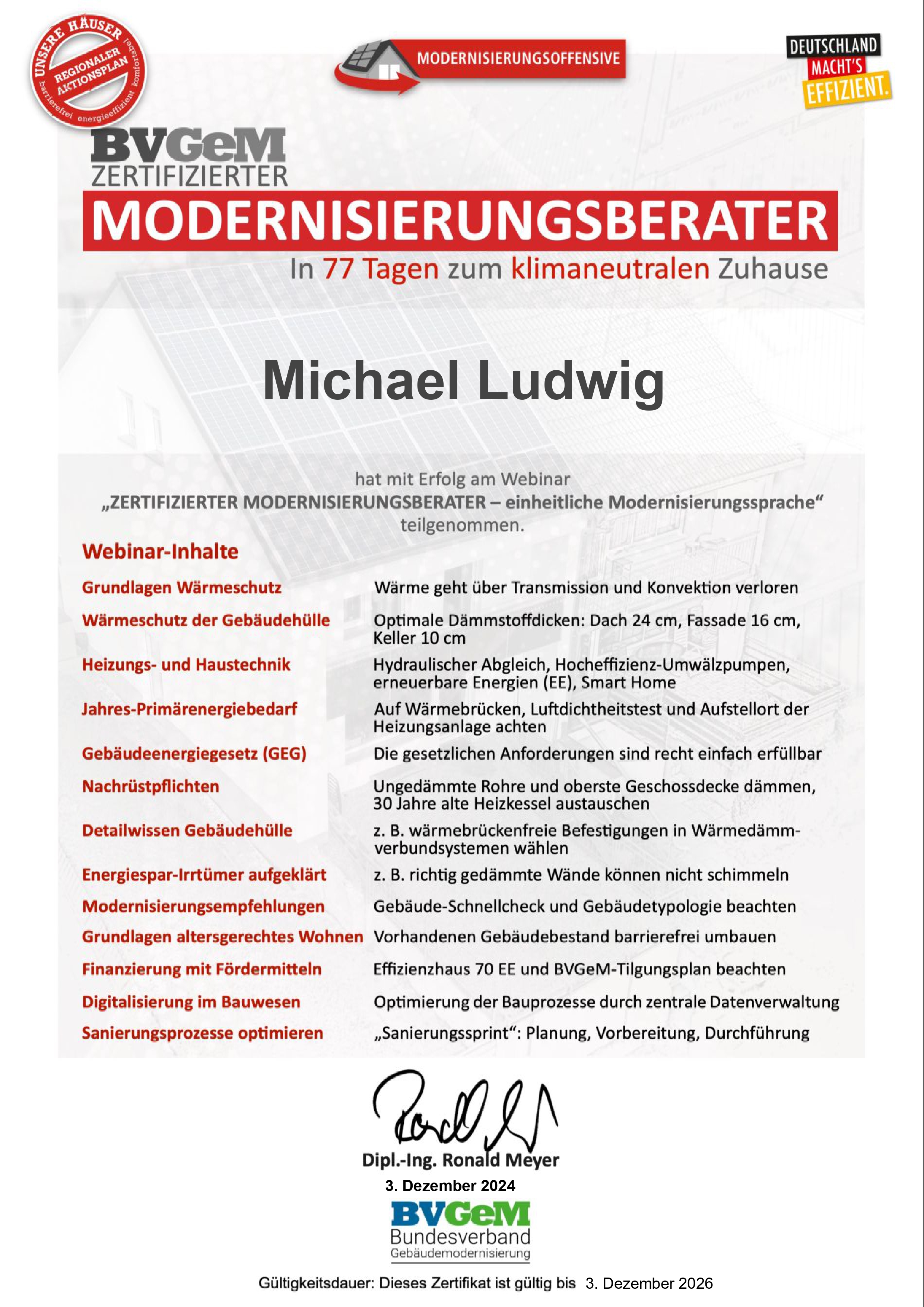 Zertifikat: Modernisierungsberater Michael Ludwig