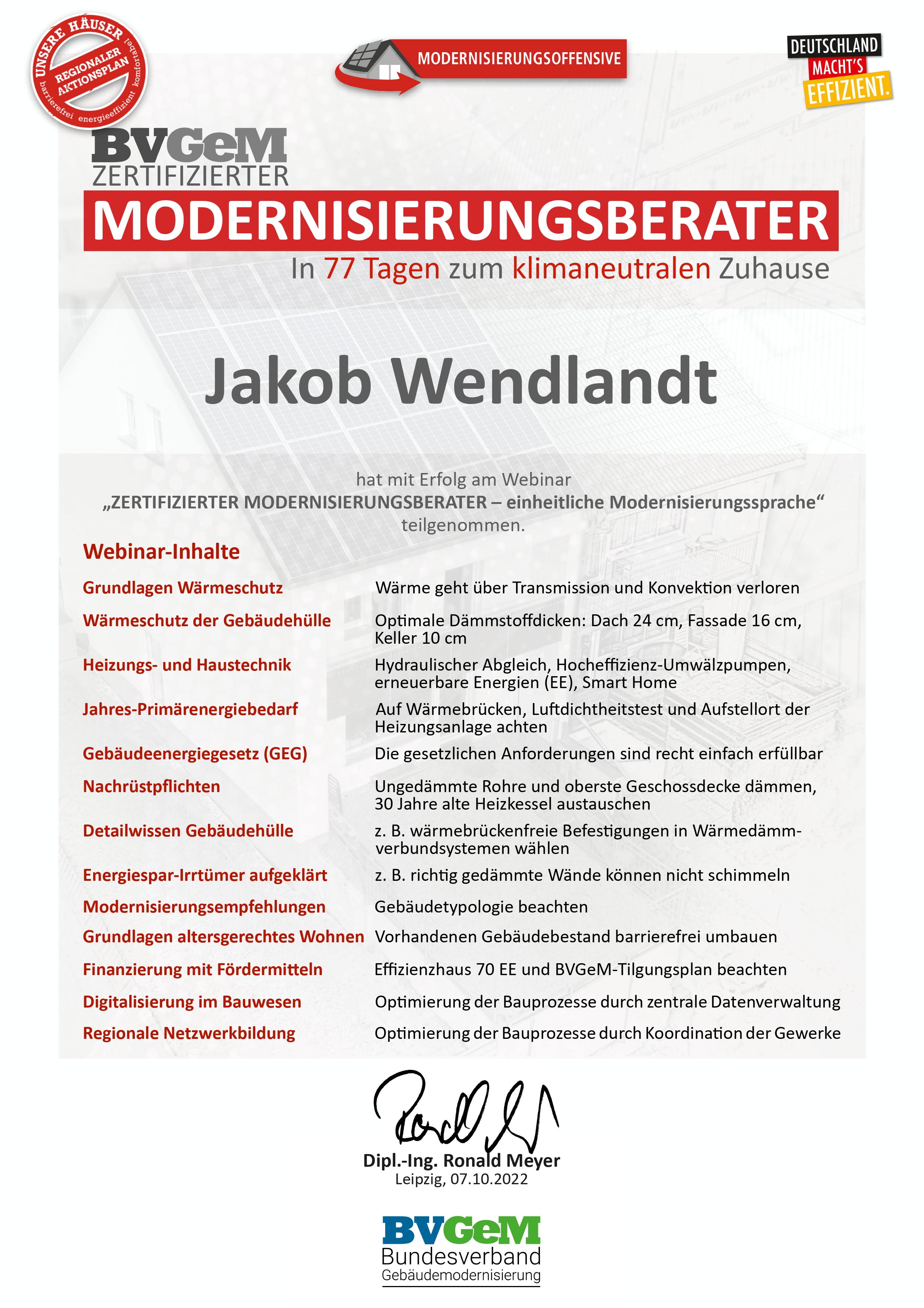 Zertifikat: Modernisierungsberater Jakob Wendlandt
