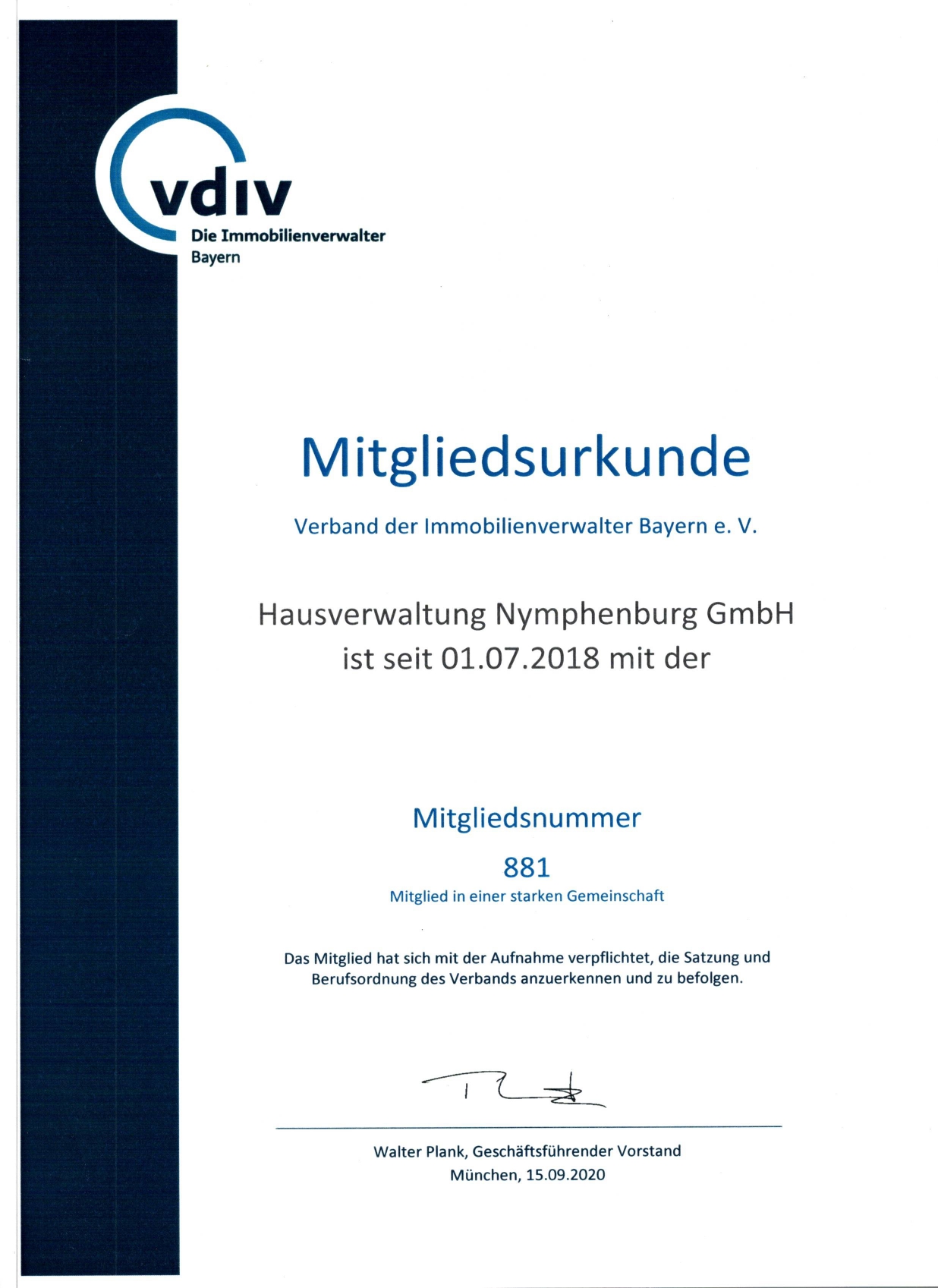 Mitgliedsurkunde Verband der Immobilienverwalter Bayern e.V.