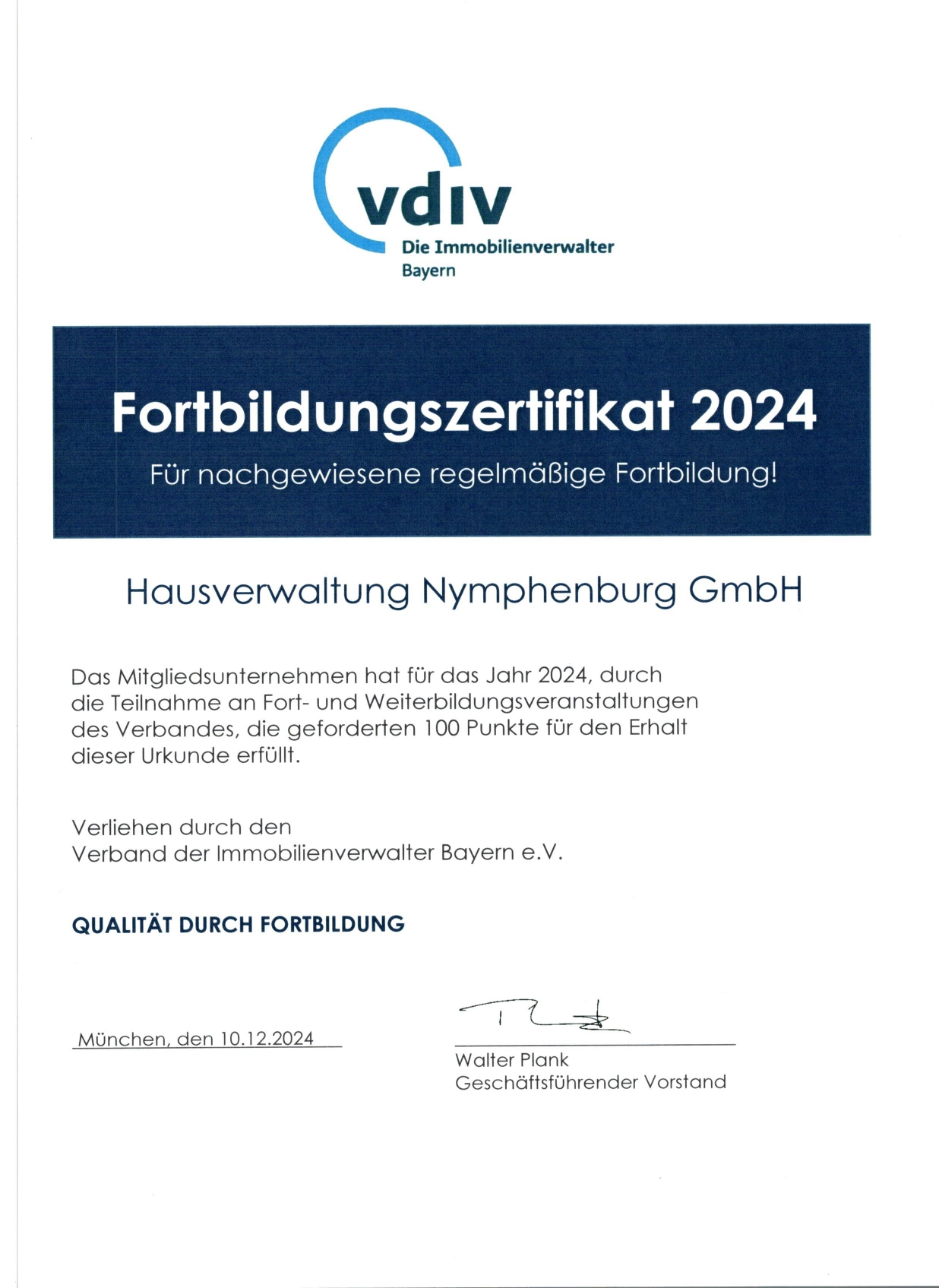 Fortbildungszertifikat 2024 Immobilienverwalter Bayern e.V.