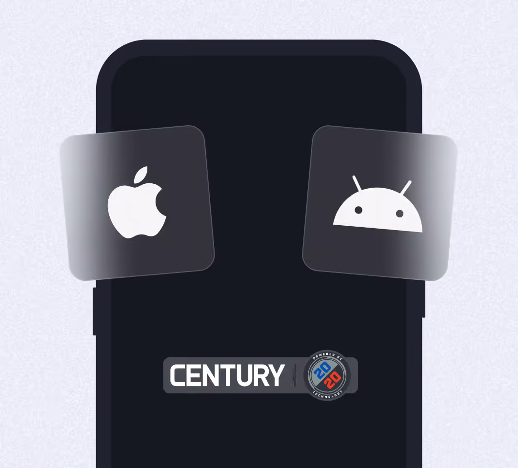 Smartphone image with Apple and Android logos on each side above the word Century and 20|20 tech badge.