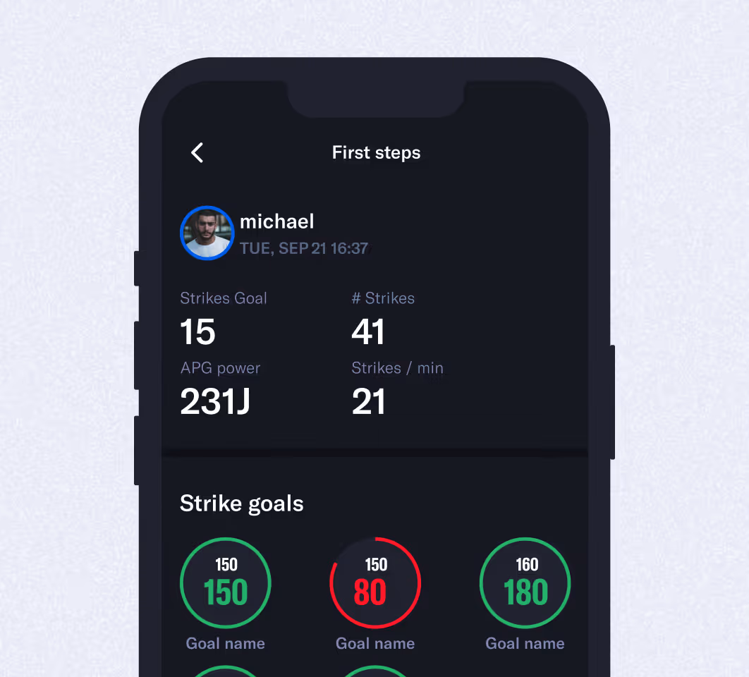 Mobile app screen showing user's strike stats and three circular strike goals with progress values.