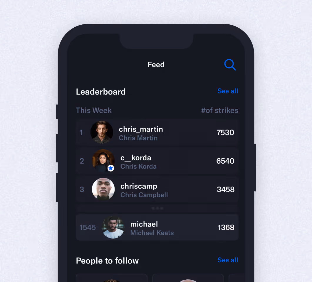 Mobile app leaderboard showing top users with strikes and a 'People to follow' section.