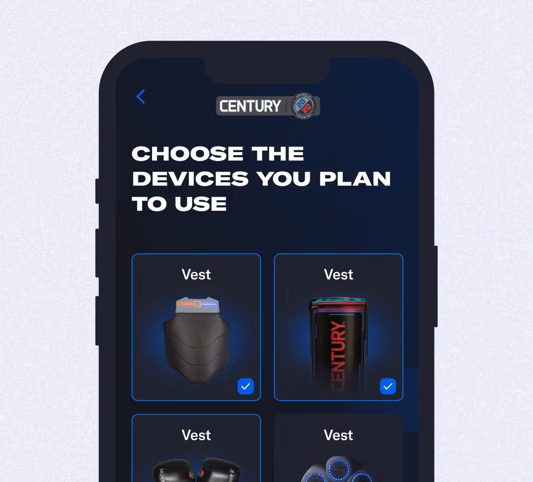 Mobile screen showing device selection with four vest options and checkmarks on two selected vests.
