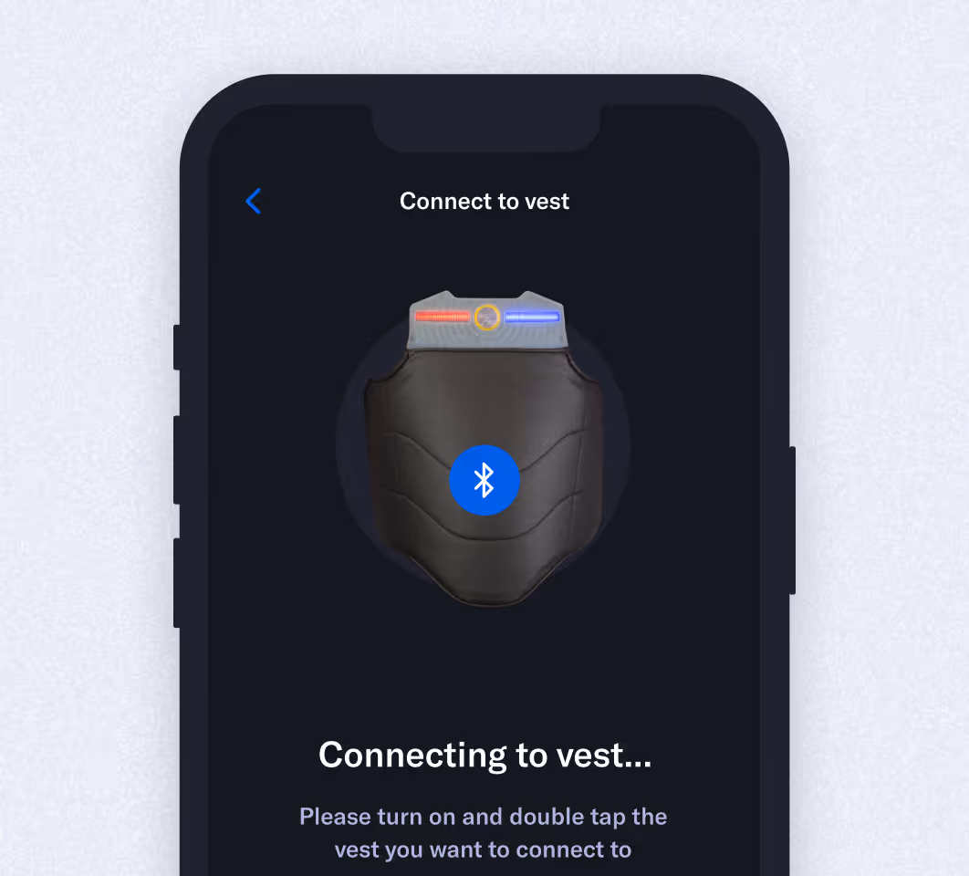 Smartphone screen showing an app connecting via Bluetooth to a smart vest device.