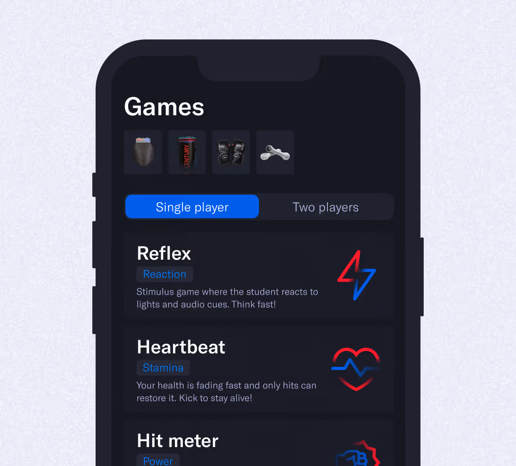 Mobile game menu showing Reflex, Heartbeat, and Hit meter games with single-player option selected.