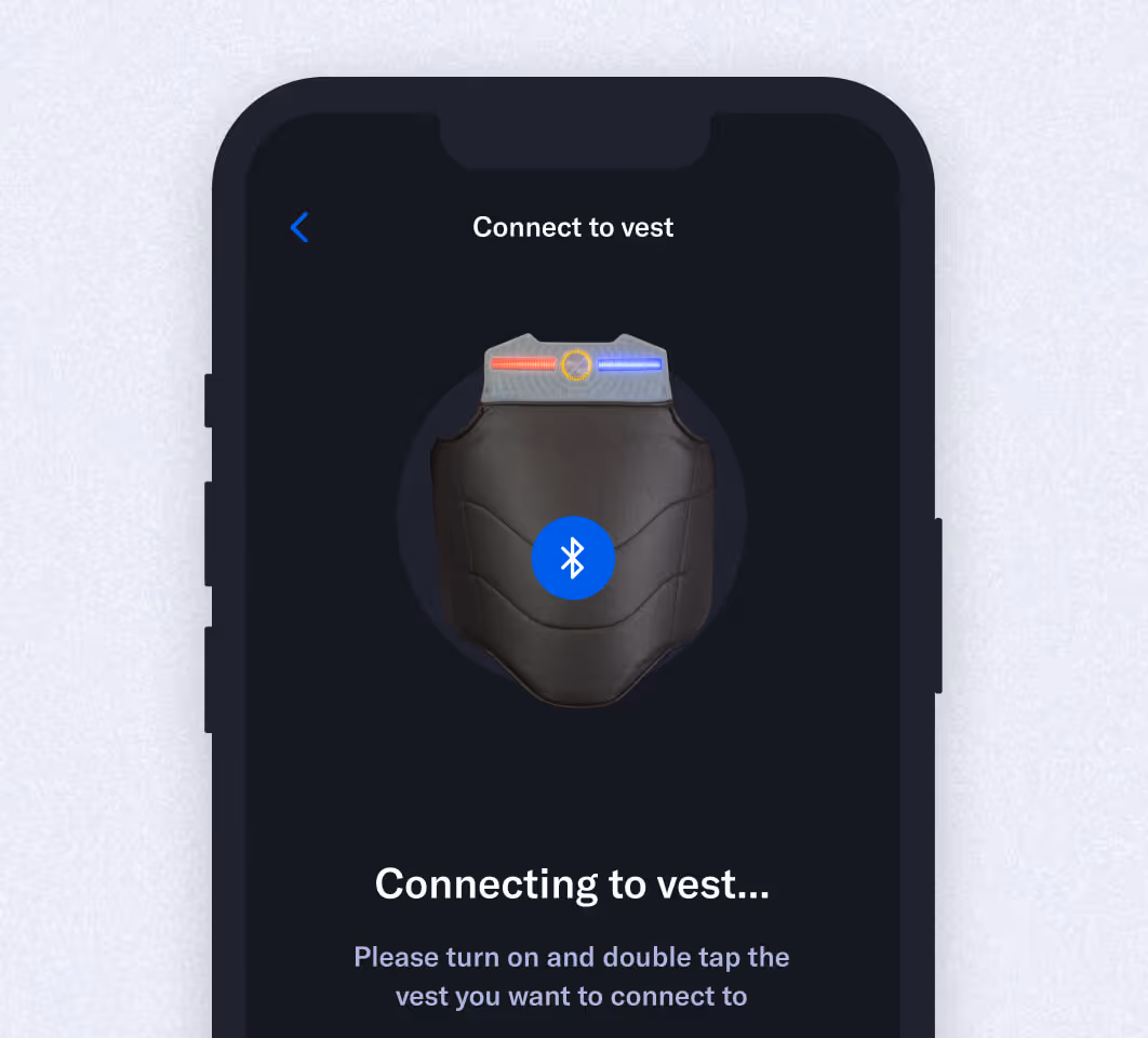 Smartphone screen showing an app connecting via Bluetooth to a smart vest device.