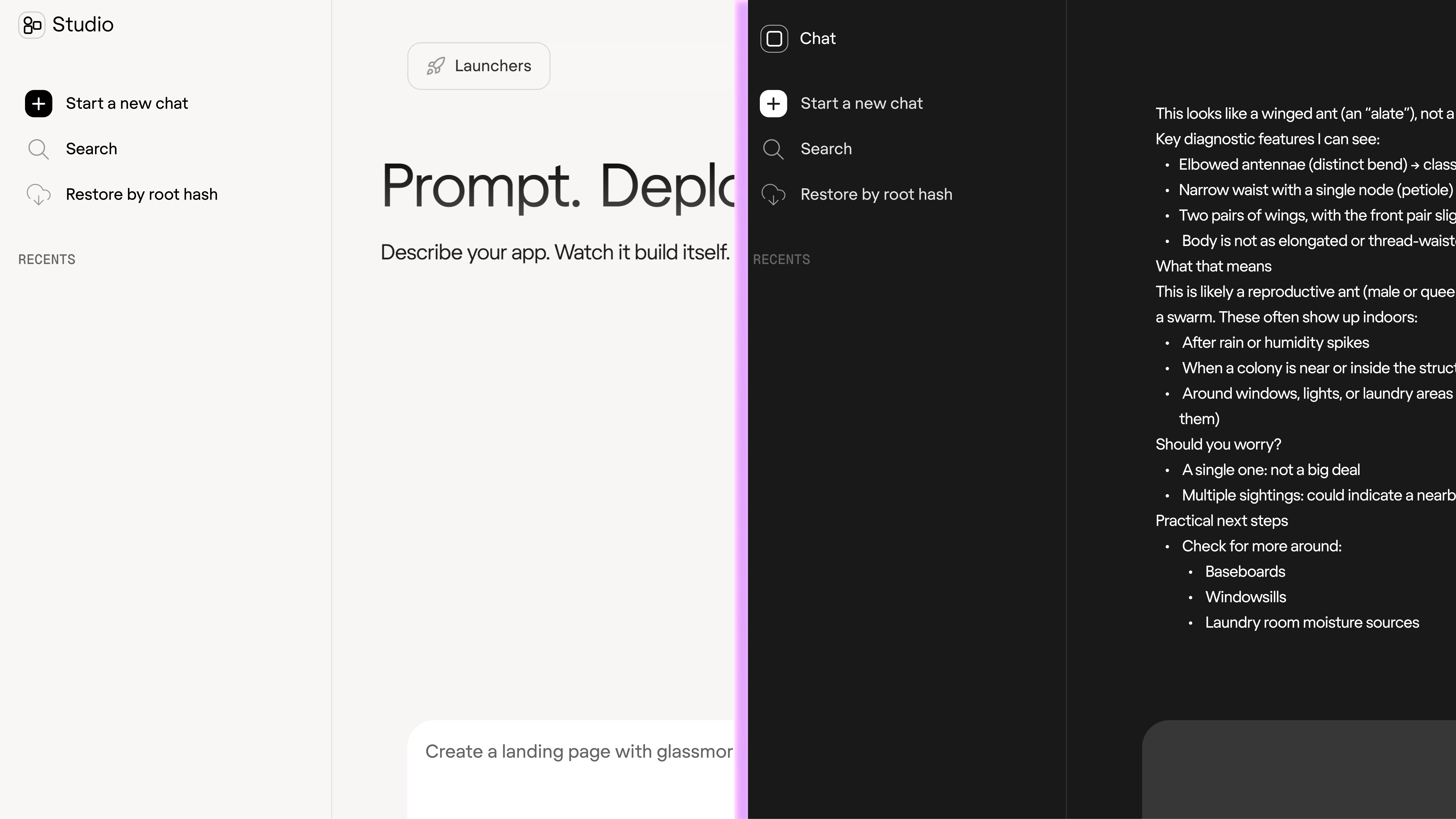 0G App browser interface showing Chat and Studio sections in dark mode