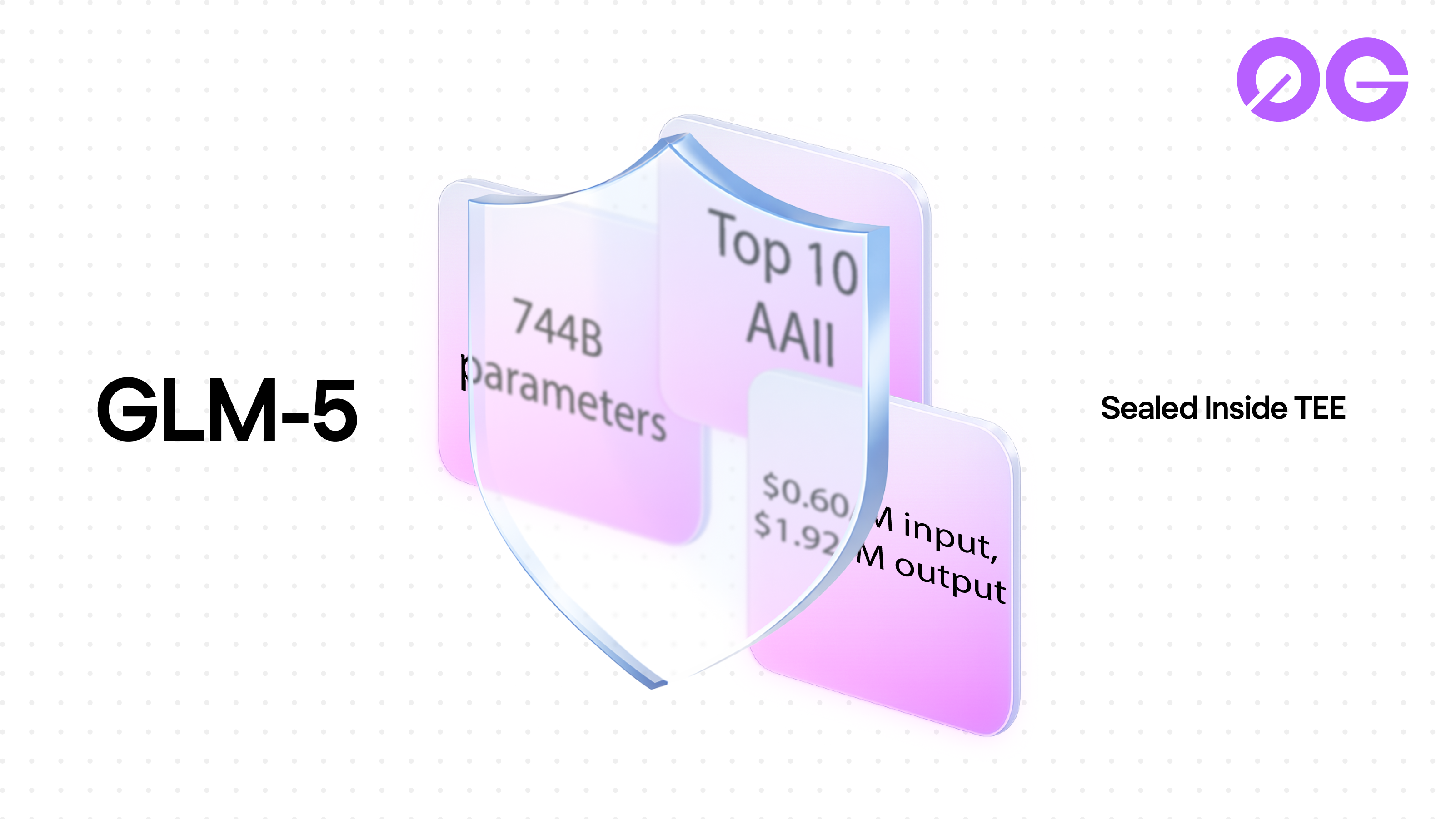 GLM-5 benchmark stats with TEE verification badge on 0G App
