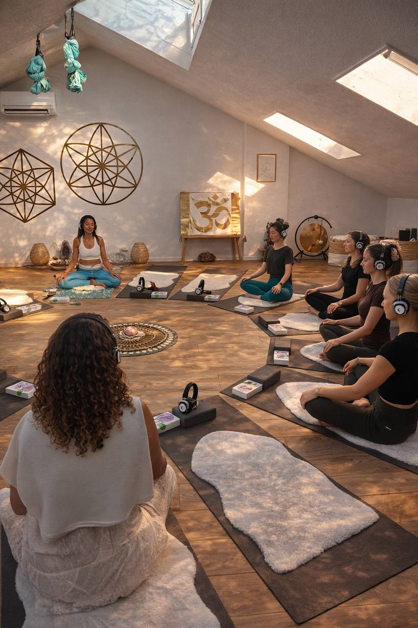 Attendees in Connected Yoga session wearing headphones at Yoga Flow Cannes Studio