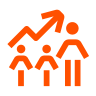 Icon for Scale Faster. 3 people with an arrow above their heads and the people get gradually larger.