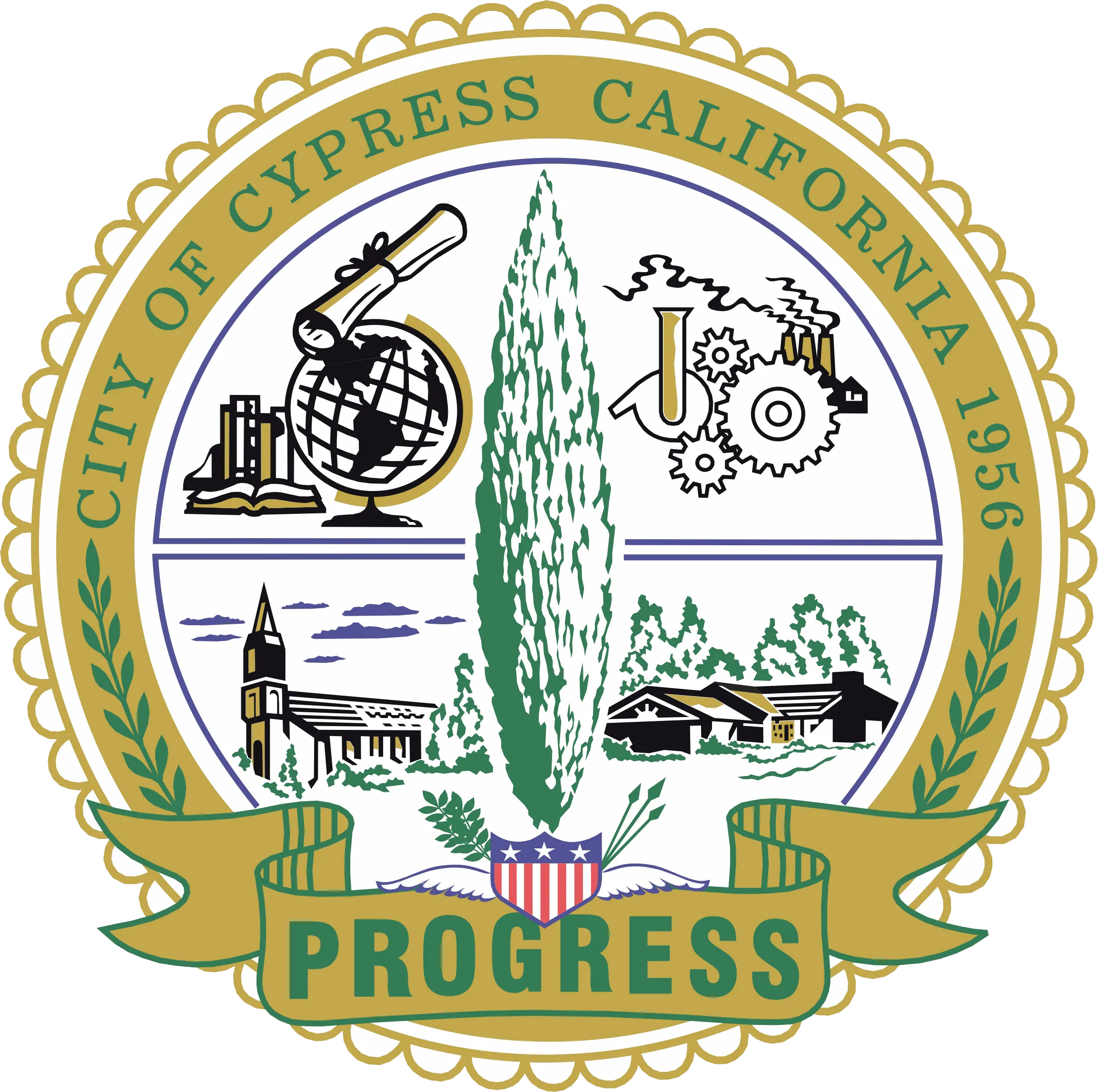 Seal of Cypress, California, featuring symbols of education, industry, and nature with the word "Progress."