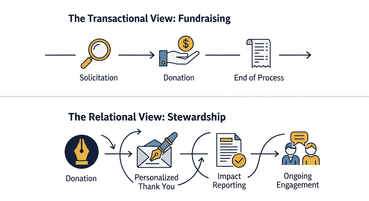A diagram contrasting a linear 'Transactional View' of fundraising, which ends after a donation, with a cyclical 'Relational View' of stewardship, where a donation is followed by a thank you note, impact reporting, and ongoing engagement, leading to future support.