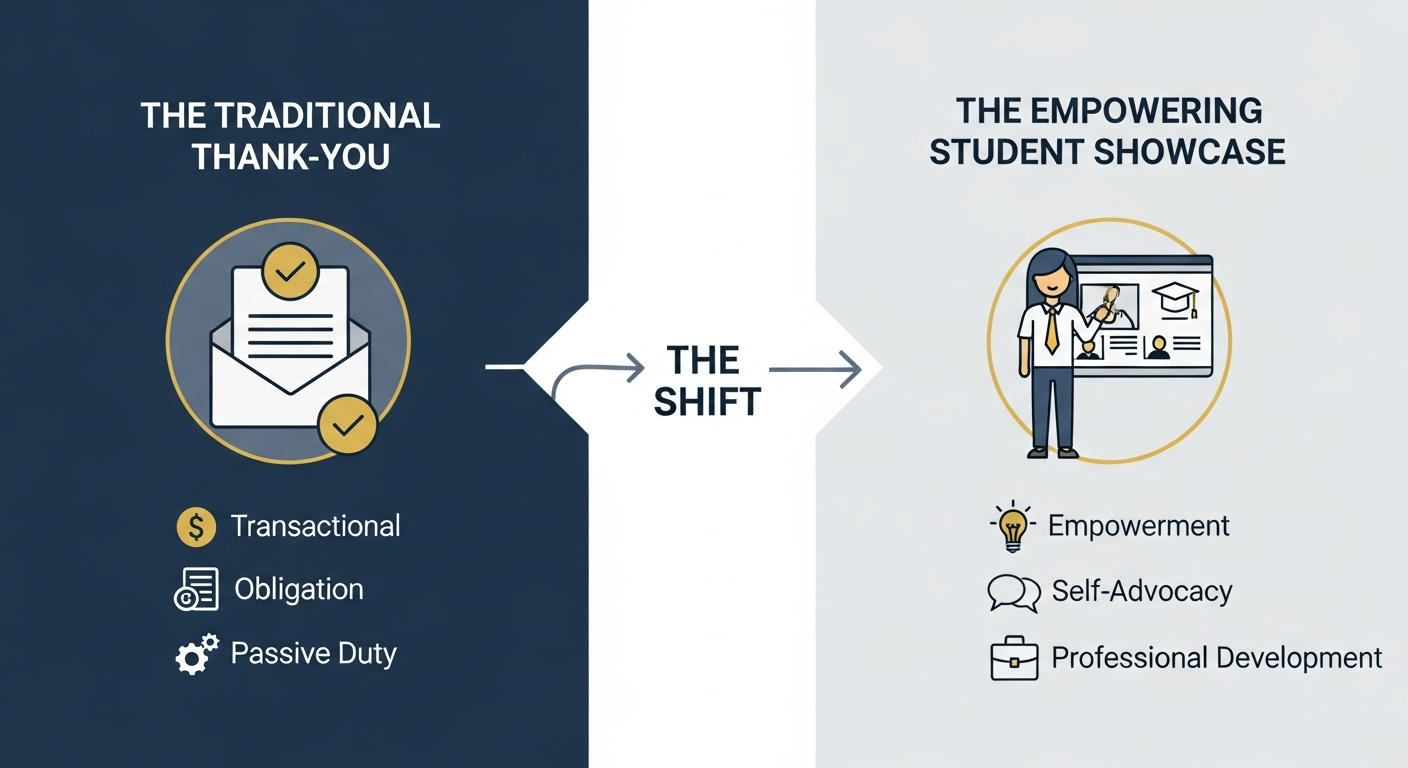An infographic comparing the 'Traditional Thank-You' model to the 'Empowering Student Showcase' model. The left side depicts the traditional model as transactional and an obligation, while the right side shows the showcase model as a tool for student empowerment, self-advocacy, and professional development.
