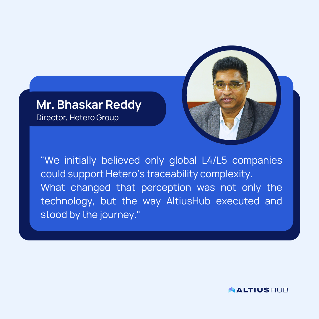 Mr Bhaskar Reddy, Hetero Group's senior leader's stating his experience working with Altiushub 