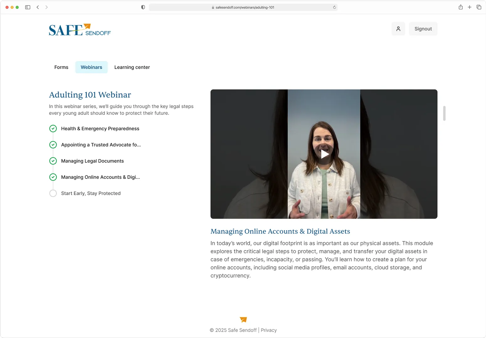 A screenshot of the safesendoff.com webinar tab
