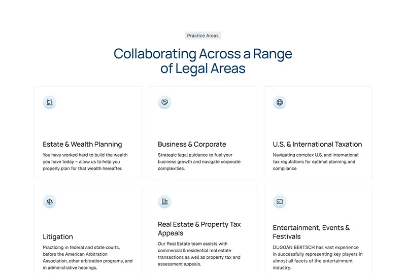 A screenshot of the dugganbertsch.com practice areas section
