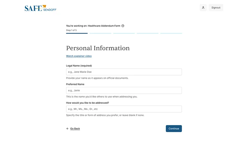A screenshot of the safesendoff.com multi step form