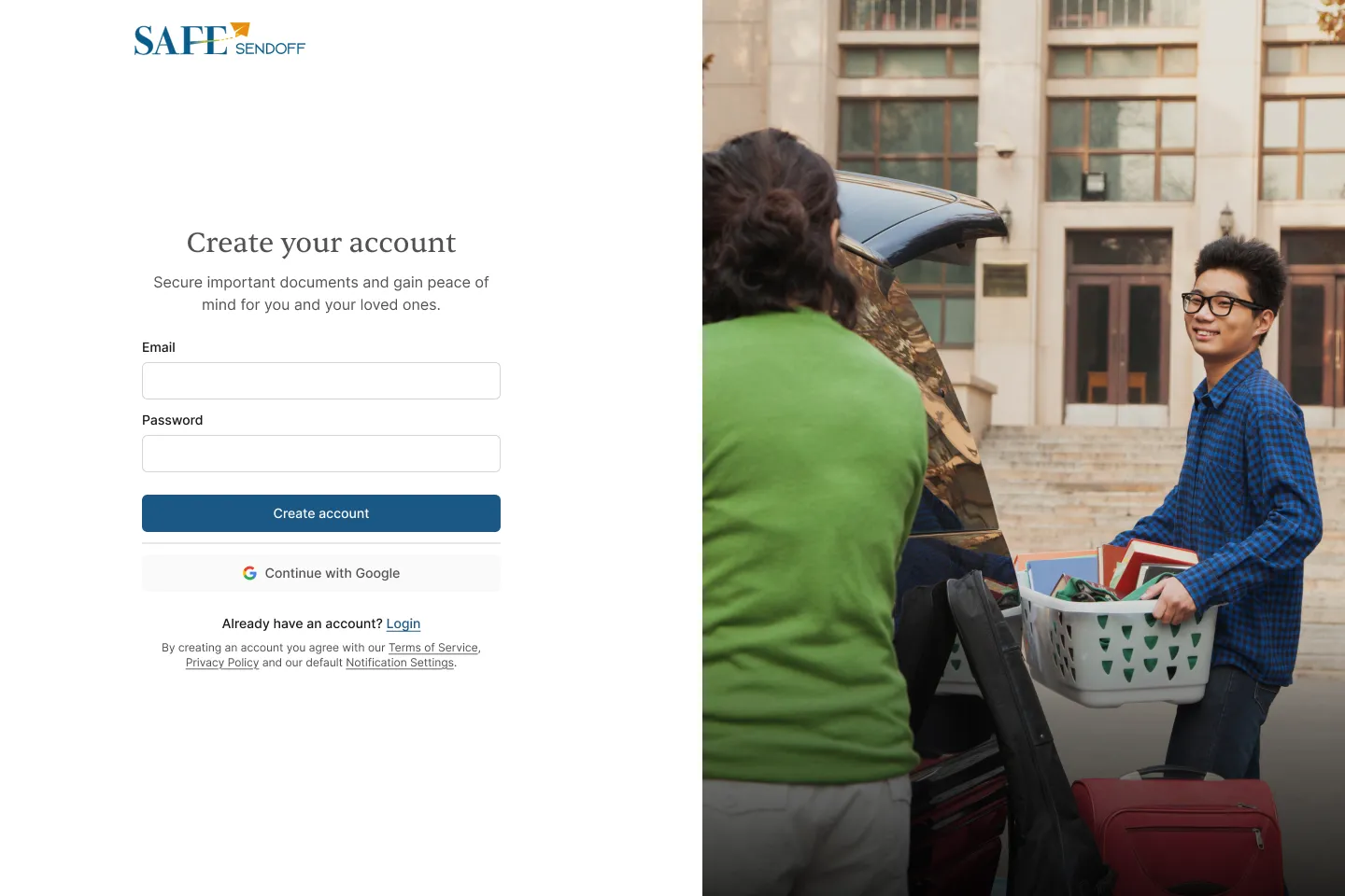 A screenshot of the safesendoff.com account creation page