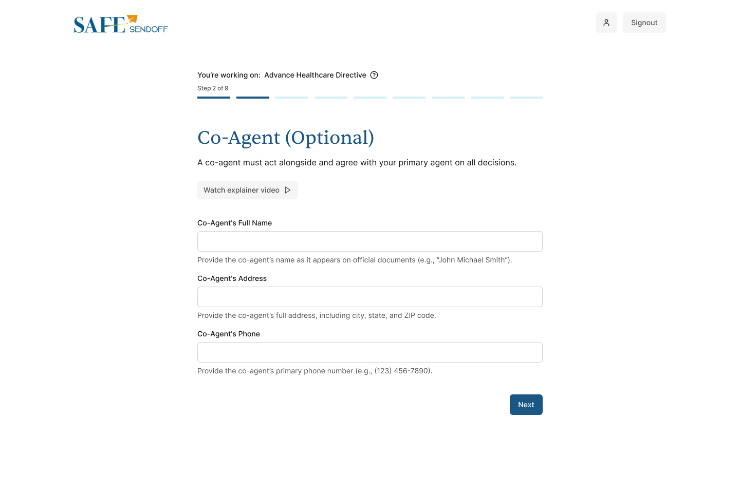 A mockup of the safe sendoff platform document flow