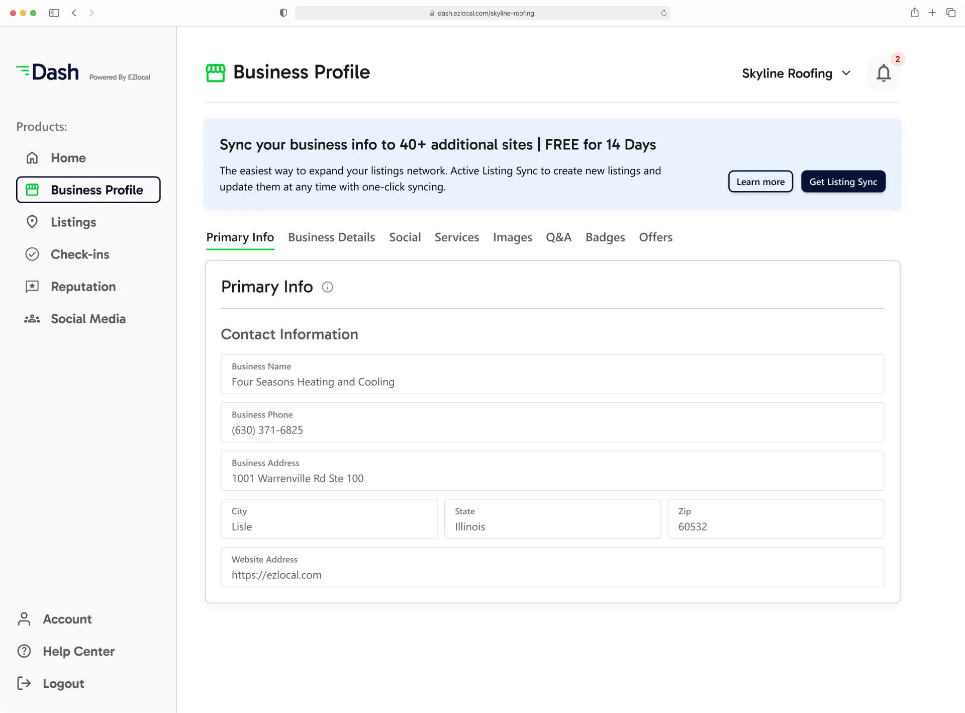 A mockup of the EZLocal profile tab