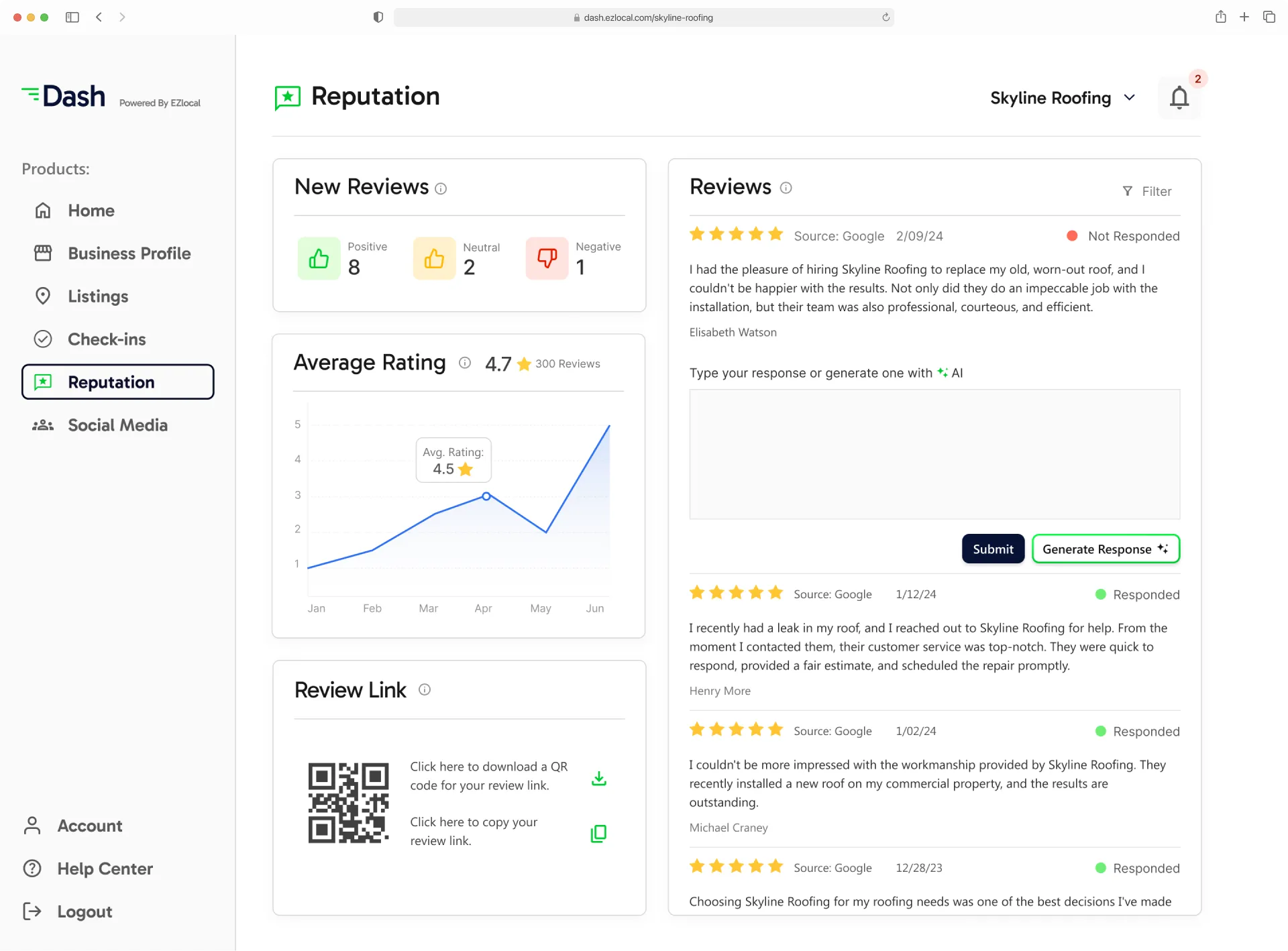A mockup of the EZLocal reputation tab