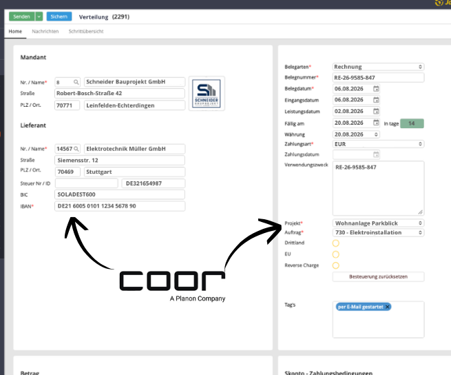 JobRouter nutzt COOR-Stammdaten automatisch für Lieferanten, Projekte, Aufträge und Gewerke und vermeidet doppelte Datenerfassung im Rechnungsworkflow.