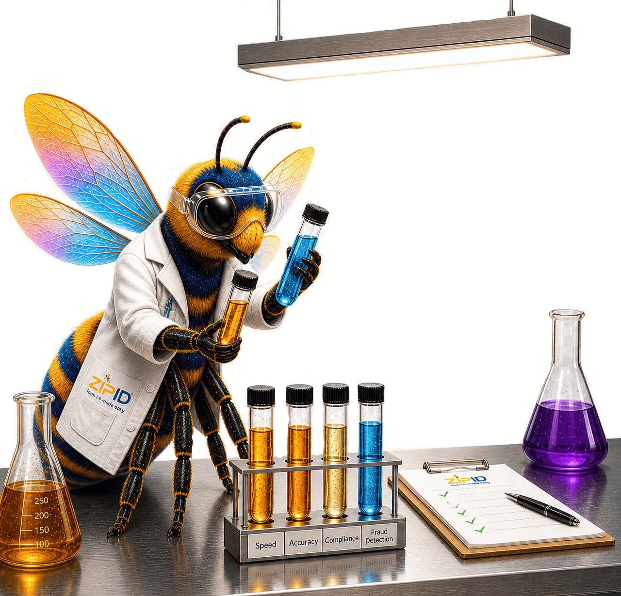 ZipID science lab bee showing I-9 paperwork transformed into identity verification with facial recognition, liveness detection, OCR, and document authenticity checks.